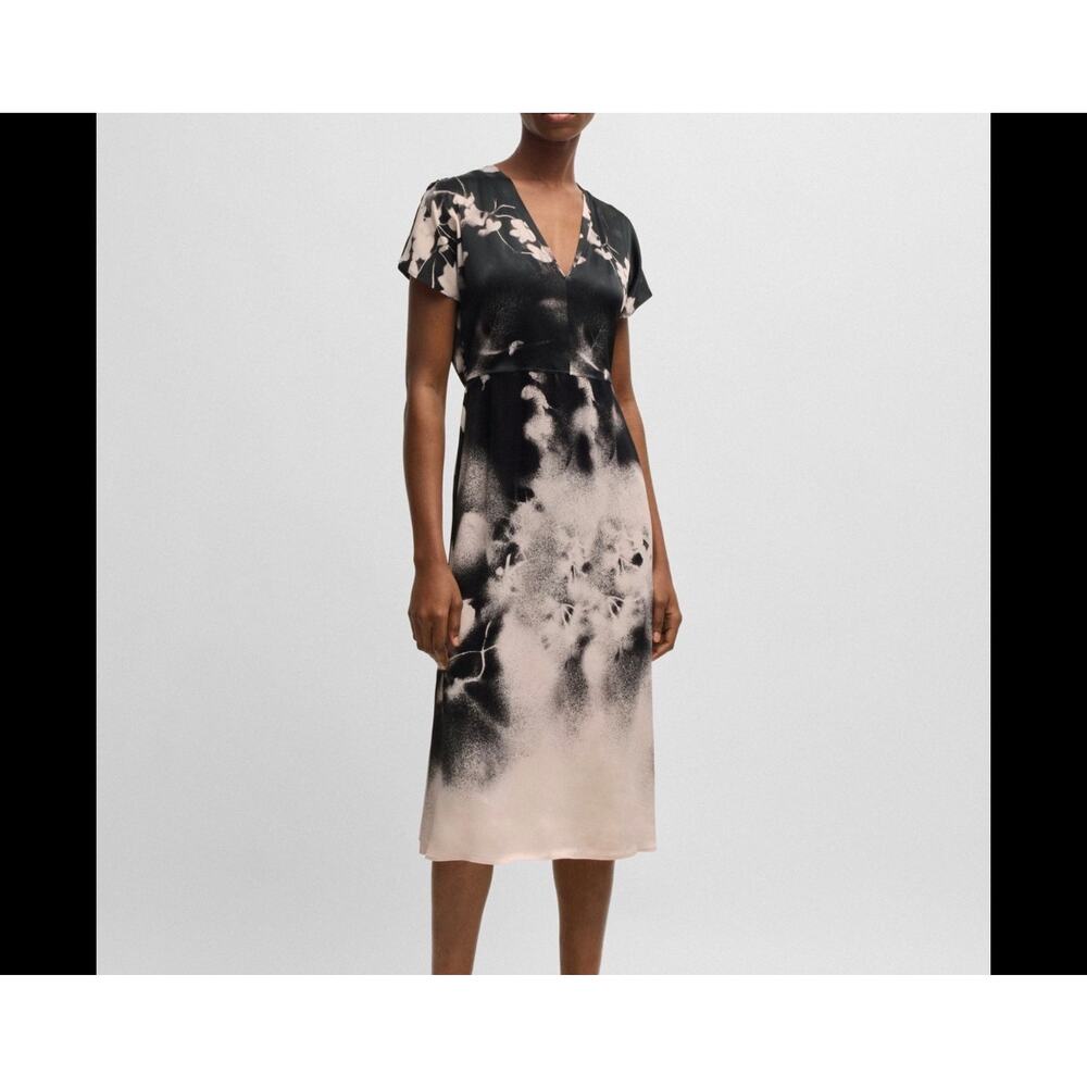 Boss NWT Satin Abstract Floral Black Ivory Blush Midi Dress Size 6